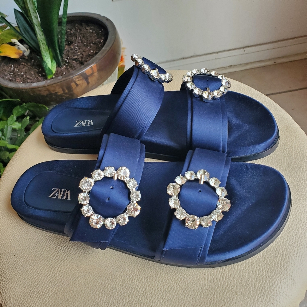 Zara Women's Navy Sandals with Crystal Accents - Picture 2 of 6